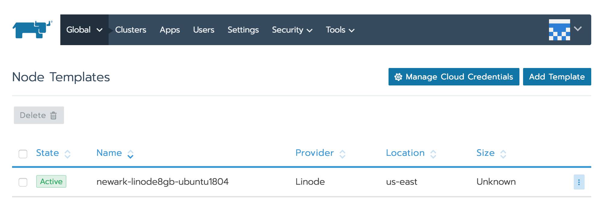 You will be returned to the *Node Templates* page where the node template you just created should be visible. Rancher Node Template list page