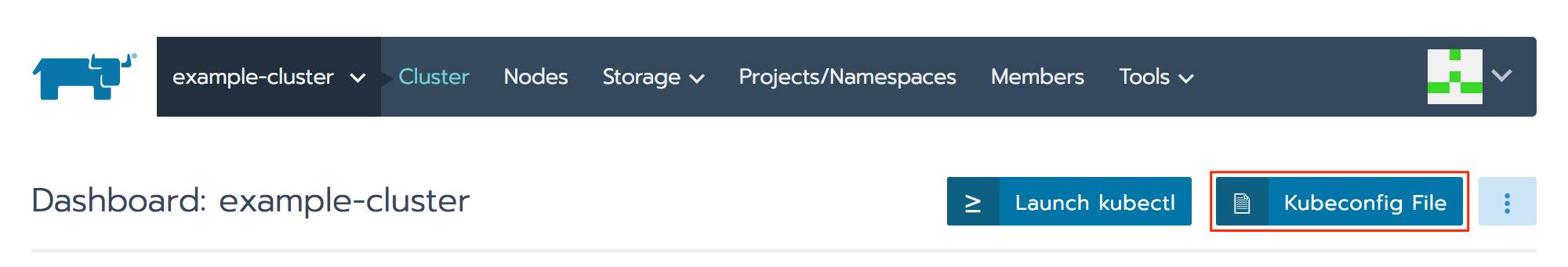 Rancher cluster dashboard - kubeconfig button highlighted Rancher cluster dashboard - kubeconfig button highlighted