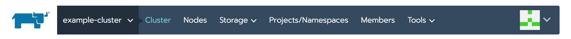 Rancher navigation bar - cluster mode Rancher navigation bar - cluster mode