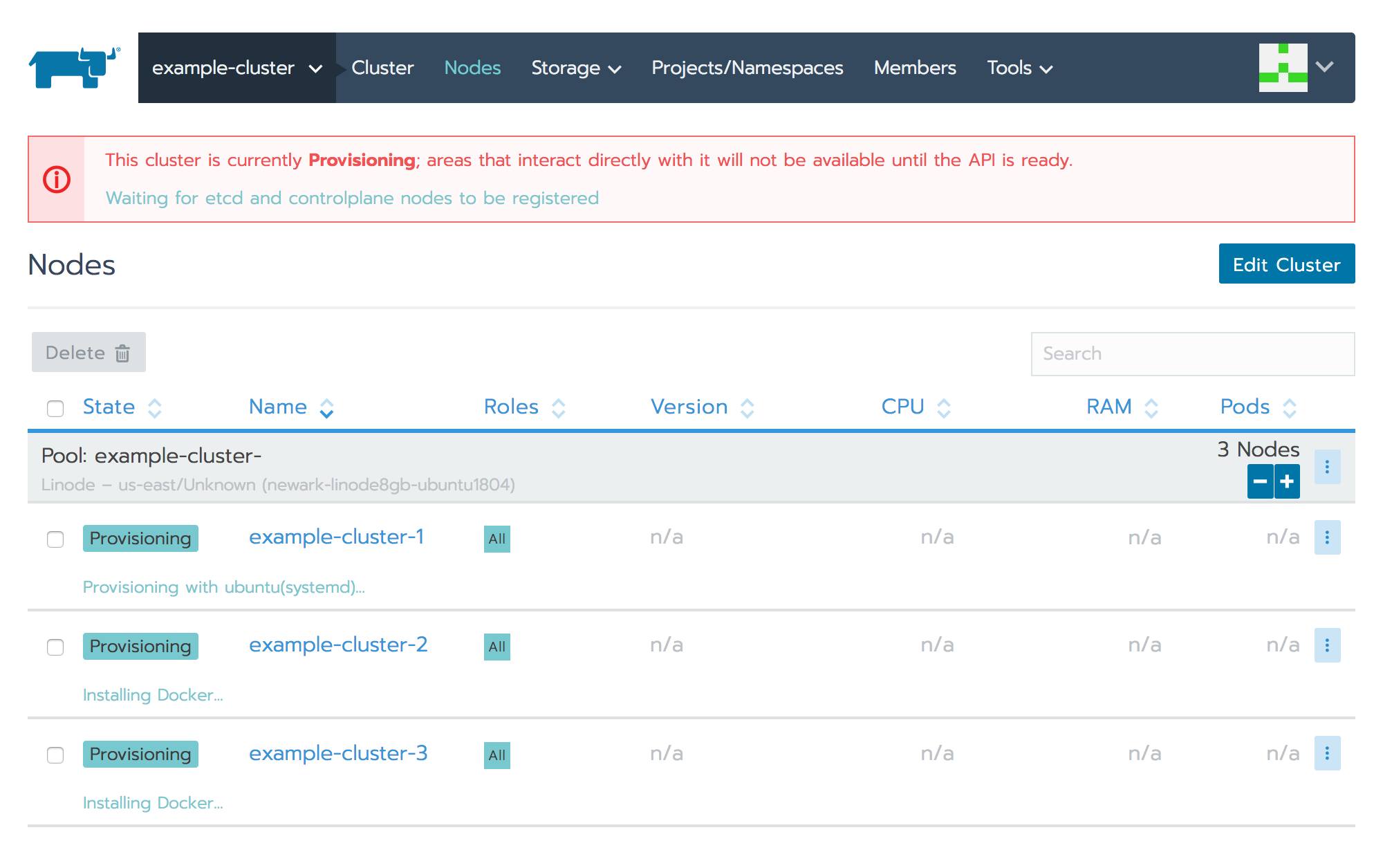 Rancher cluster nodes list - provisioning Rancher cluster nodes list - provisioning