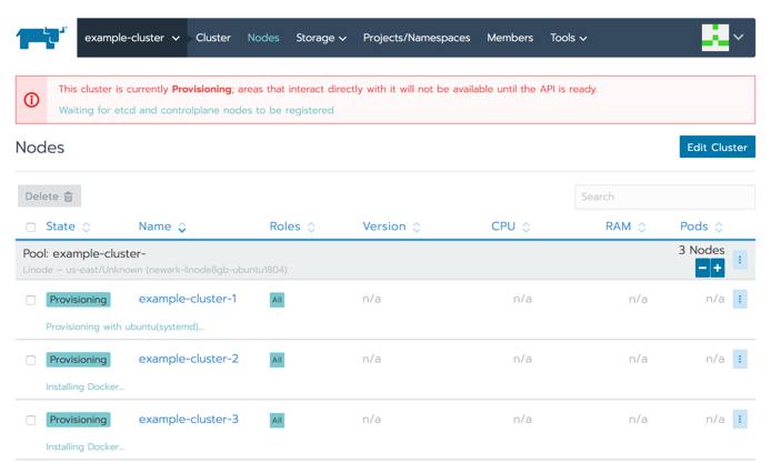 Rancher cluster nodes list - provisioning Rancher cluster nodes list - provisioning