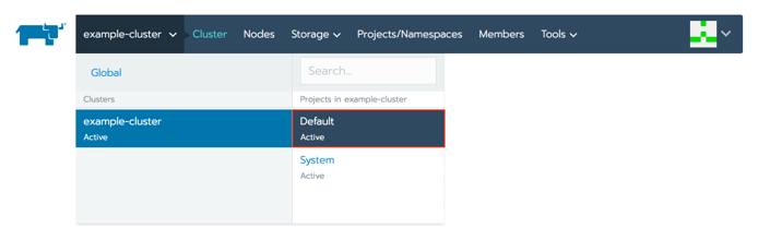 Rancher cluster selection menu - Default project highlighted Rancher cluster selection menu - Default project highlighted