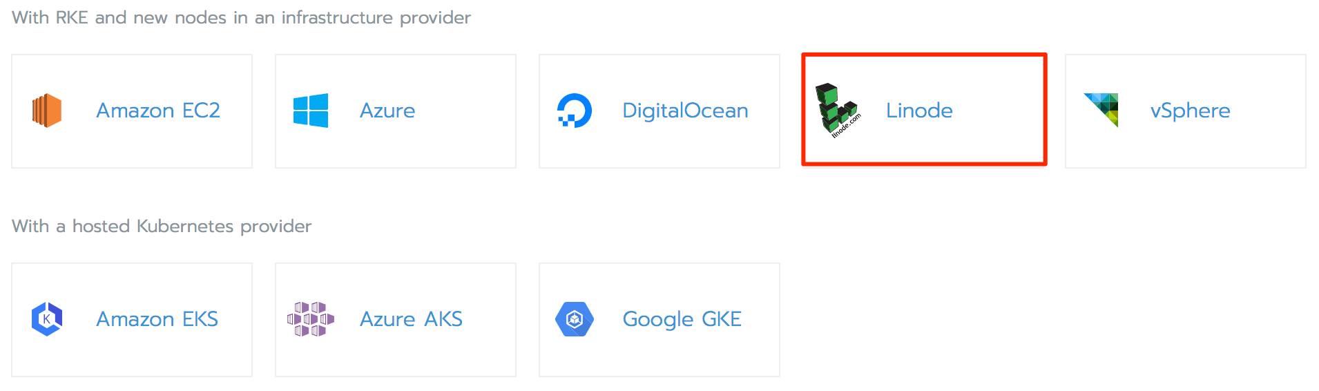 Linode node driver selected in the Add Cluster form Rancher Add Cluster form - Linode node driver selected
