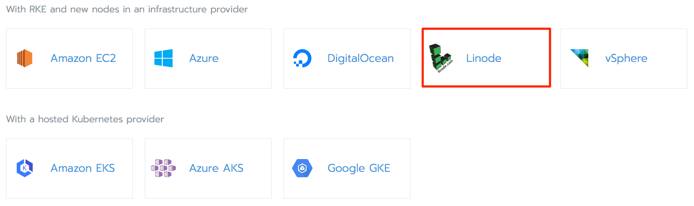 Linode node driver selected in the Add Cluster form Rancher Add Cluster form - Linode node driver selected