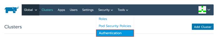 Rancher Security navigation bar item - Authentication highlighted Rancher Security navigation bar item - Authentication highlighted