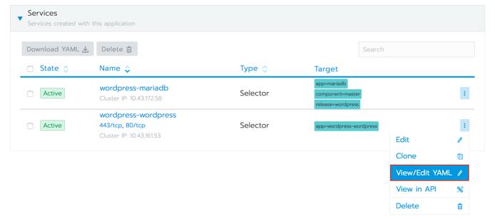 Rancher Services section - View/Edit YAML option highlighted Rancher Services section - View/Edit YAML option highlighted