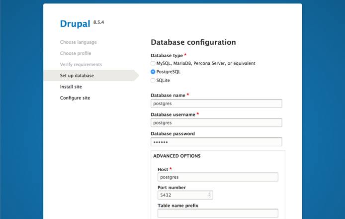 Drupal setup screen in the web browser - 'Set up database' page Drupal setup screen in the web browser - ‘Set up database’ page