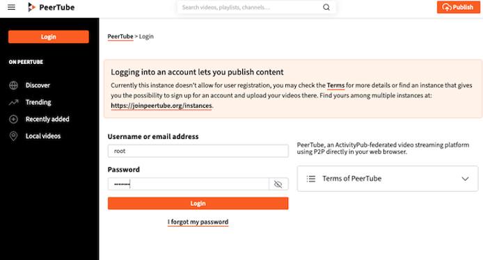 The PeerTube Login Page