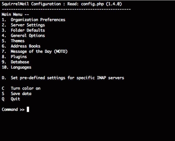 The squirrelmail-config main menu. The squirrelmail-config main menu.