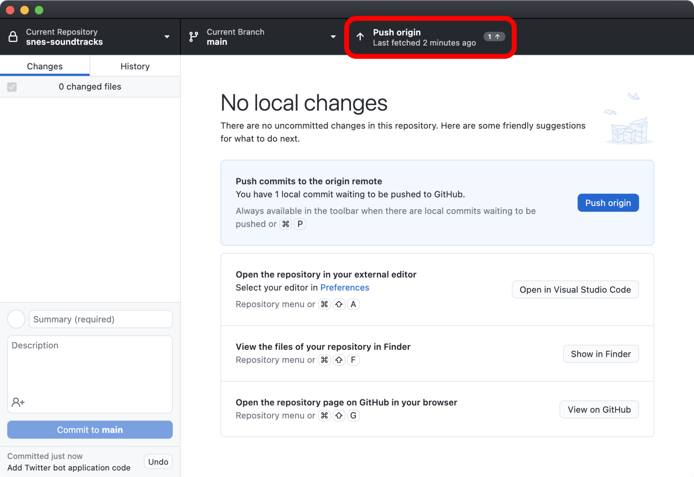 GitHub Desktop - after commit with push origin option highlighted GitHub Desktop - after commit with push origin option highlighted