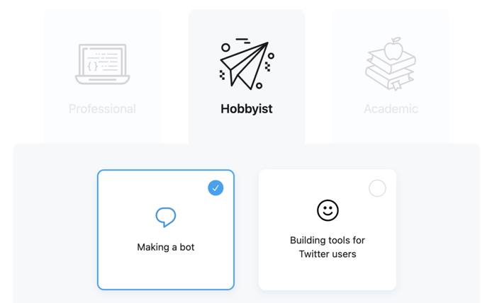 Twitter developer application - which best describes you question with Hobbyist and Making a bot options selected Twitter developer application - which best describes you question with Hobbyist and Making a bot options selected