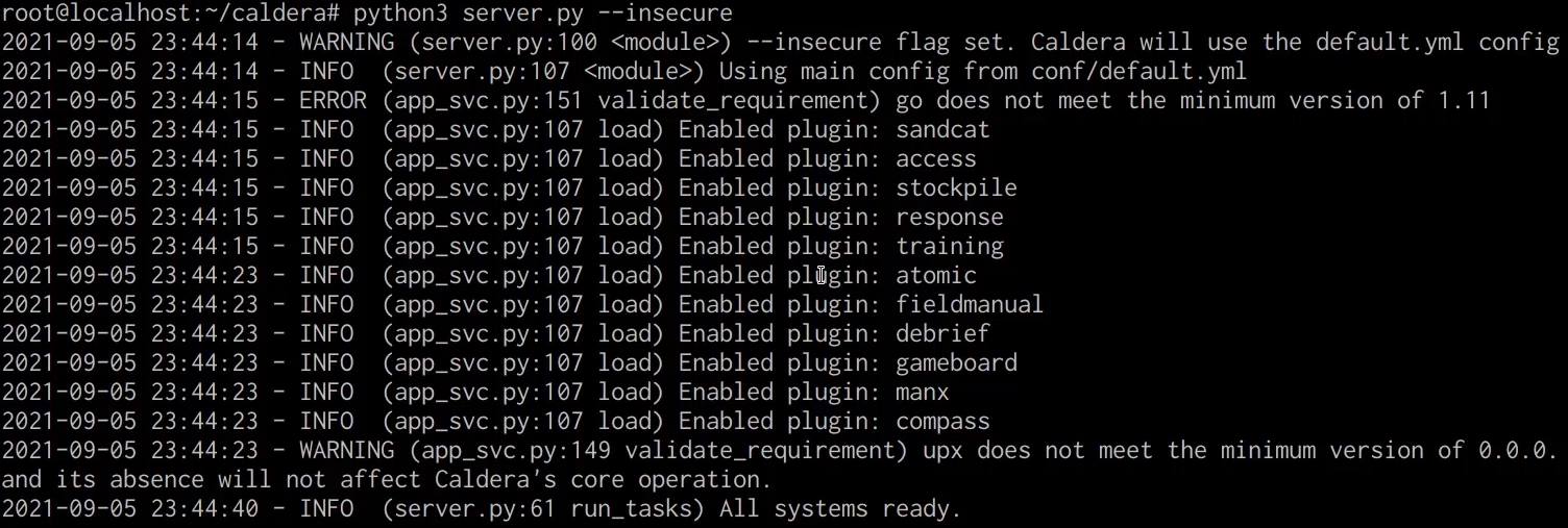 Caldera server startup logs Caldera server startup logs