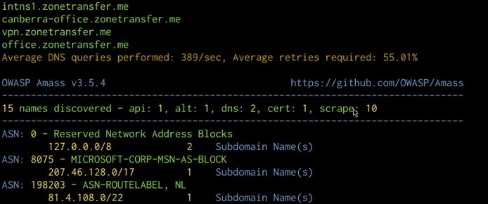 Amass subdomain enumeration output Amass subdomain enumeration output