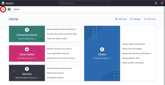 Kibana 7 Dashboard With Hamburger Navigation Button Highlighted Kibana 7 Dashboard With Hamburger Navigation Button Highlighted